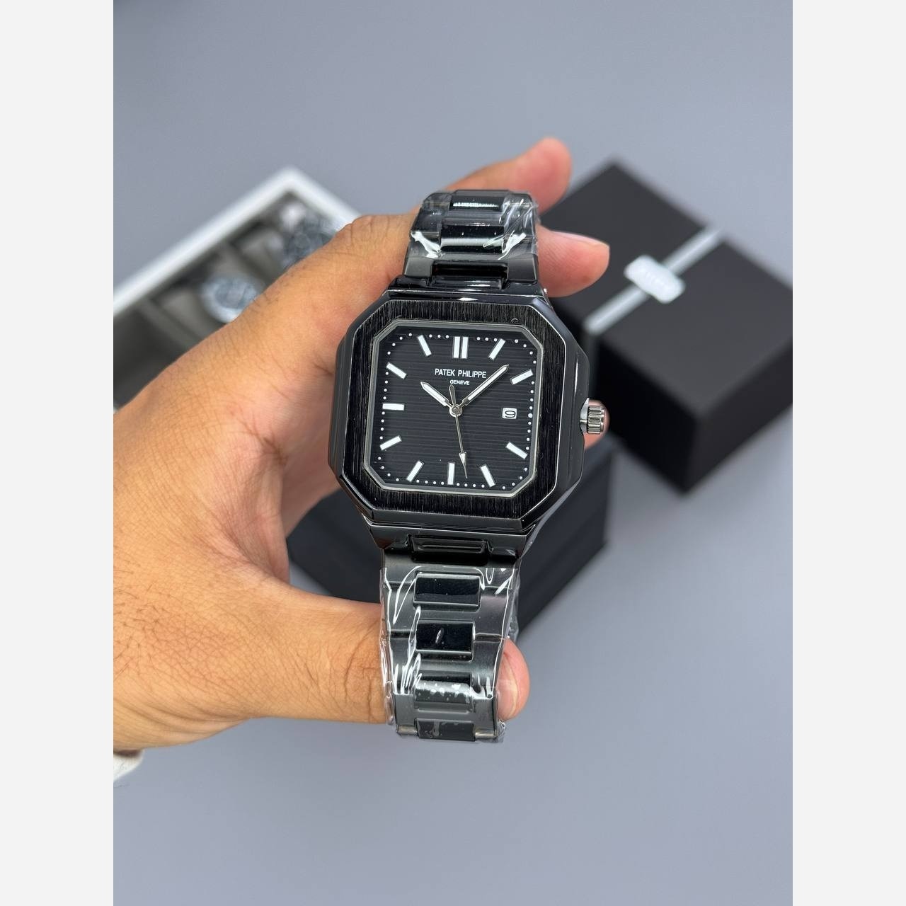 ساعت مچی مردانه پتک فیلیپ کوبیتوس مربعی شب نما رنگ ثابت قفل مخفی PATEK PHILIPE