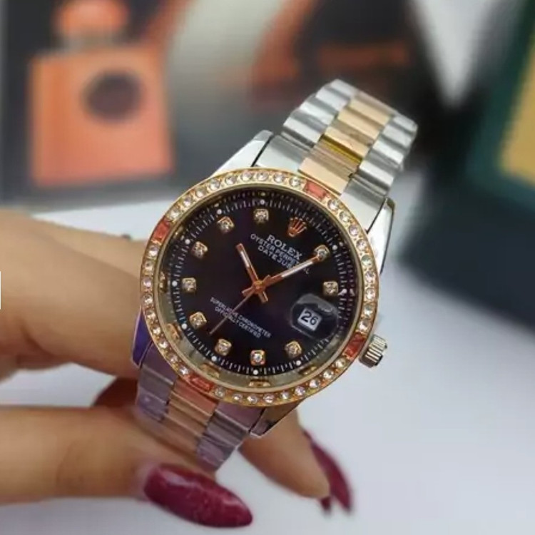 ساعت مچی مردانه وزنانه رولکس اصلی قفل رولکسی قاب نگین دار رنگ ثابت ضداب کیفیت بینظیرROLEX