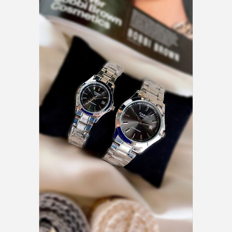 ساعت ست مردانه زنانه کاسیوcasioبند استیل نقره ای رنگ بندی کامل