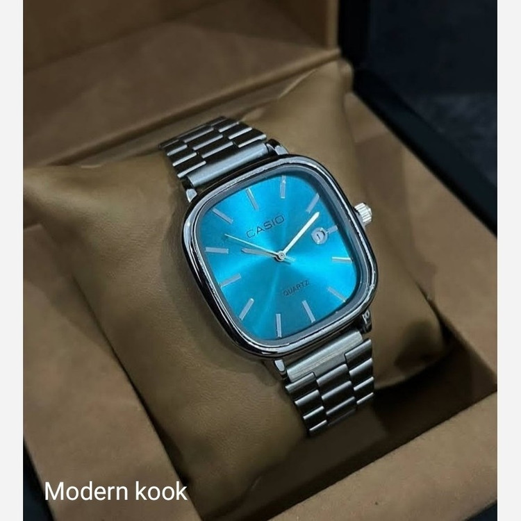 ساعت مچی مردانه کاسیو casio اصل ، صحفه مربعی آبی فیروزه ای ، بند استیل نقره ای کد 3205