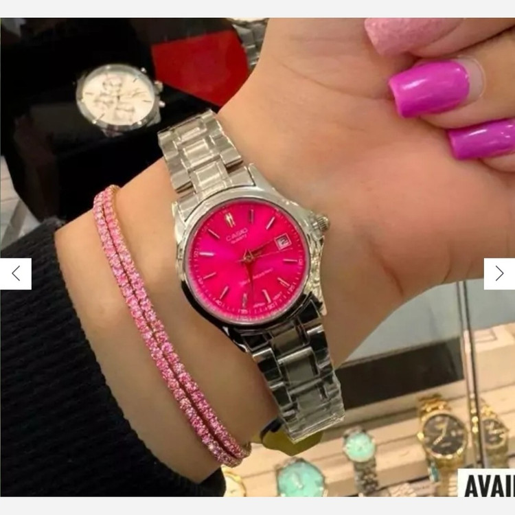 ساعت زنانه casio(کاسیو) اصل ، عقربه ای صحفه گرد رنگ بندی کامل و بند استیل نقره ای ضد آب کد 0002