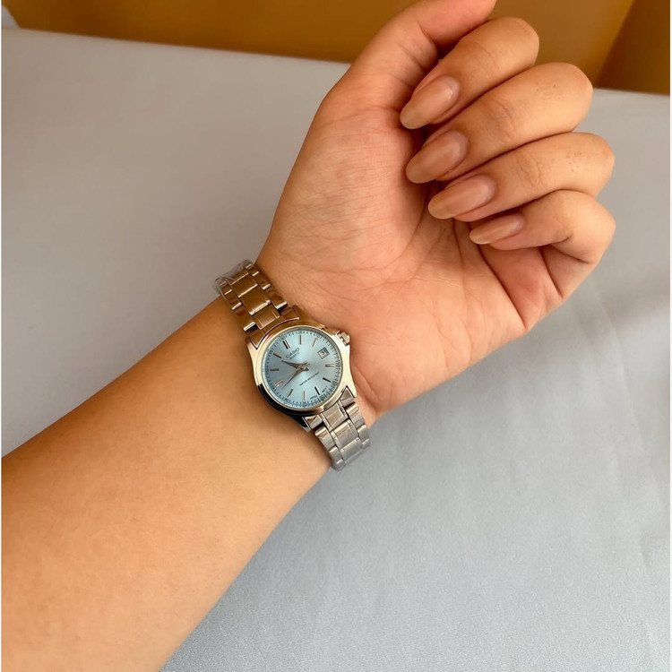 ساعت زنانه casio(کاسیو) اصل ، عقربه ای صحفه گرد رنگ بندی کامل و بند استیل نقره ای ضد آب کد 0002