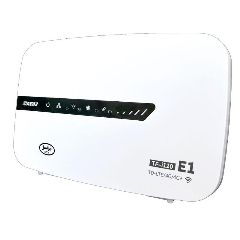 مودم 4G ایرانسل مدل TF-i120 E1 با فناوری LTE Cat 12، سرعت دانلود 600 مگابیت بر ثانیه، آپلود 100 مگابیت بر ثانیه، وای‌فای دوبانده 2.4 و 5.8 گیگاهرتز، پشتیبانی همزمان 50 کاربر، چهار پورت اترنت، مناسب استفاده خانگی و اداری