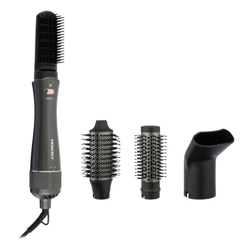 سشوار برس‌دار حالت‌دهنده پرنسلی مدل PR331AT با موتور DC، توان 240 وات، تنظیمات دما یک حالته، تنظیم سرعت دو سرعته، سری صاف‌کننده، همراه با سری شانه‌دار، برس گرد پهن، برس تخت، متمرکزکننده پهن، سری دندانه‌دار و کیف نگه‌دارنده