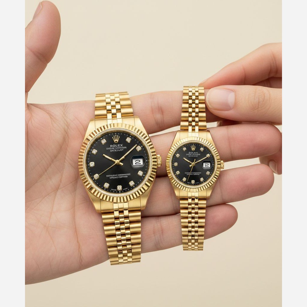 ساعت مچی رولکس دیت جاست زنانه و مردانه rolex بند طلایی صفحه مشکی + جعبه هدیه و باتری اضافی