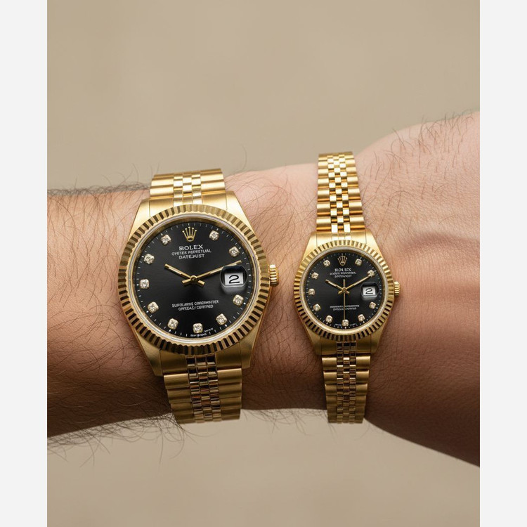 ساعت مچی رولکس دیت جاست زنانه و مردانه rolex بند طلایی صفحه مشکی + جعبه هدیه و باتری اضافی