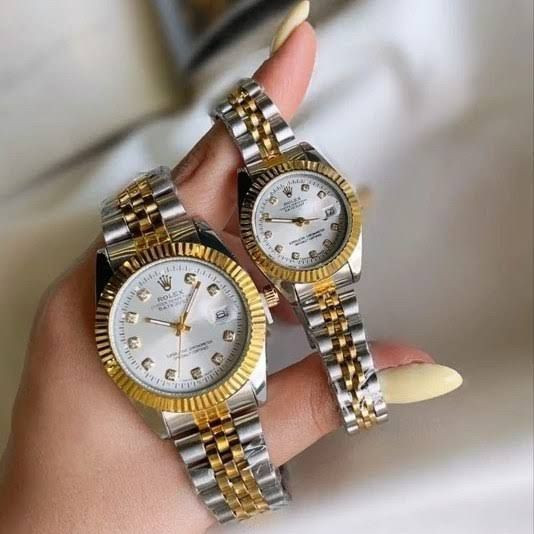 ست ساعت مچی رولکس اصلی زنانه و مردانه دیت جاست بند دورنگ صفحه سفید و مشکی ROLEX رنگ ثابت