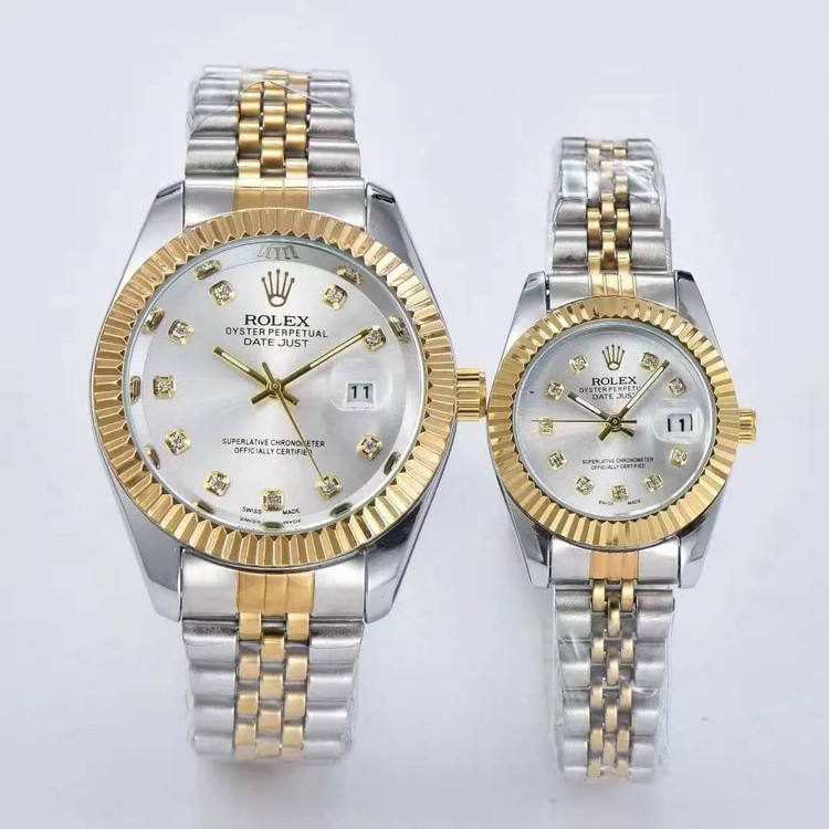 ست ساعت مچی رولکس اصلی زنانه و مردانه دیت جاست بند دورنگ صفحه سفید و مشکی ROLEX رنگ ثابت