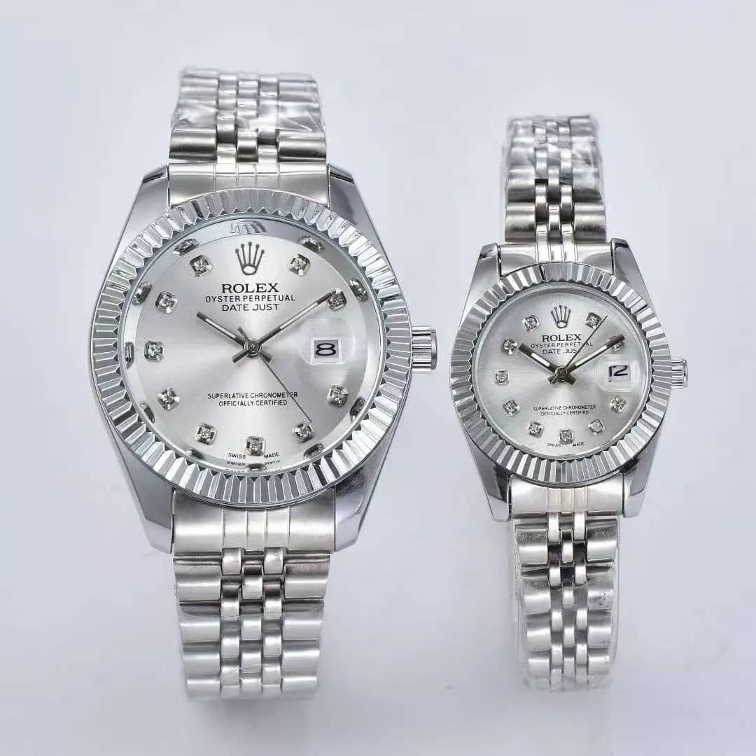 ست ساعت رولکس زنانه و مردانه ROLEX دیت جاست  فول استیل صفحه سیلور (سفید) و مشکی + اشانتیون