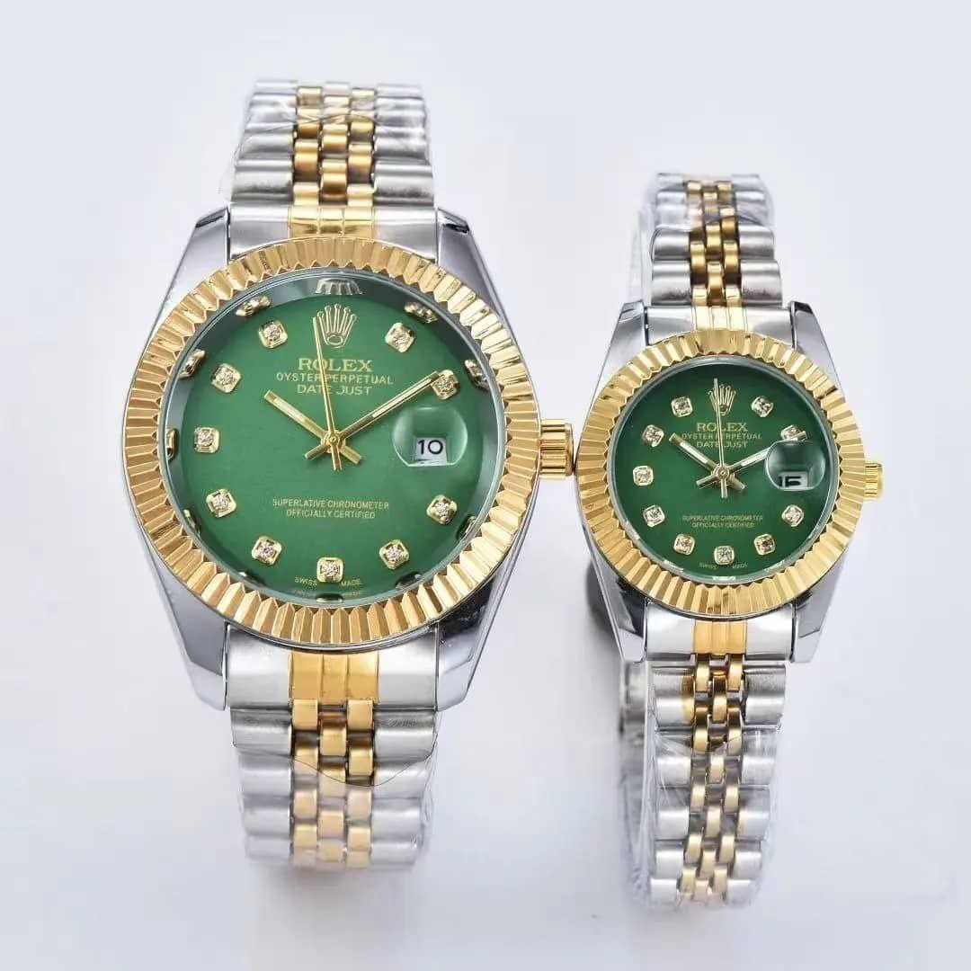 ست ساعت مچی رولکس دیت جاست ROLEX زنانه و مردانه بند دورنگ صفحه سبز و آبی درباری ضداب