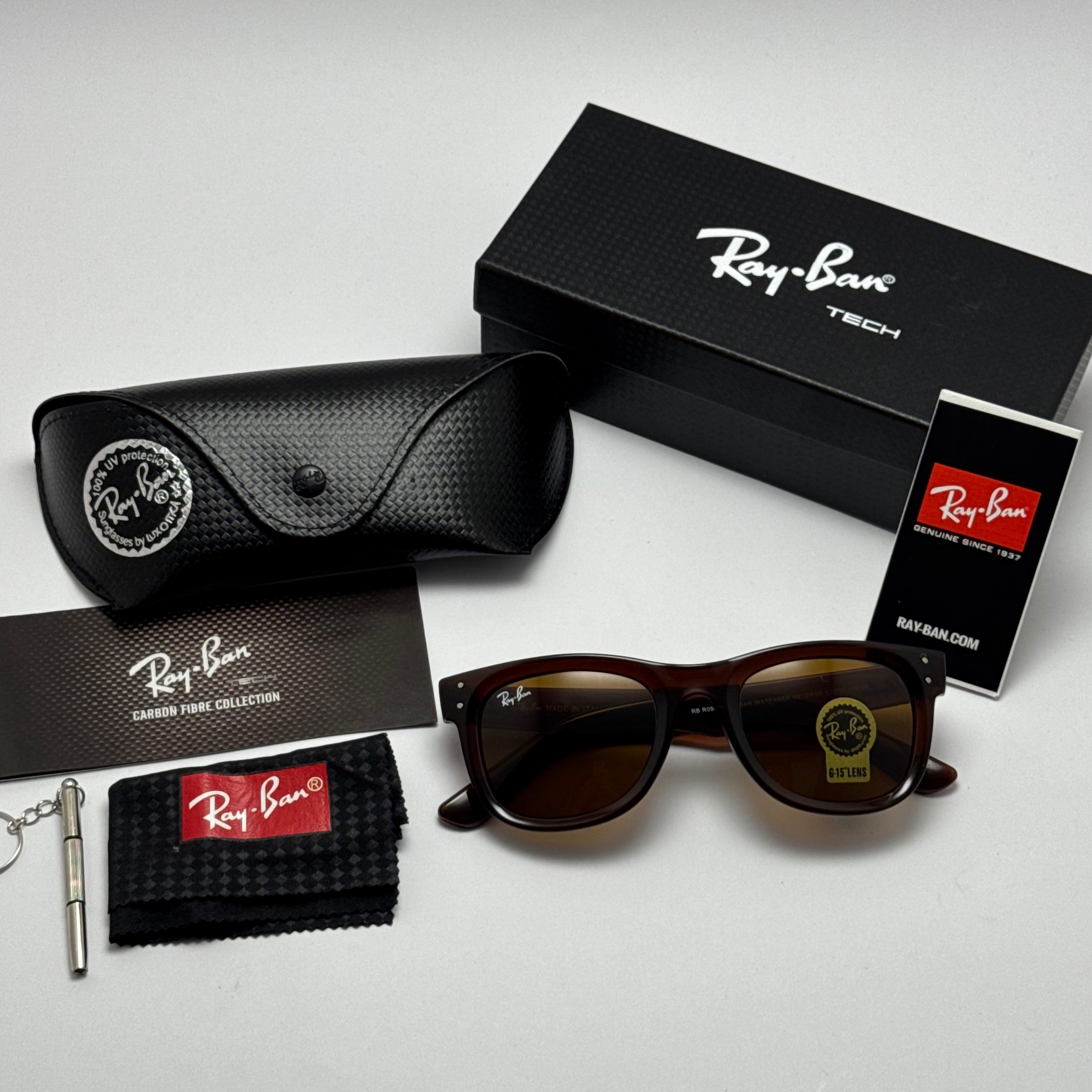 عینک آفتابی ریبن ویفرر شیشه سنگ قهوه ای به همراه پک کامل ریبن Rayban WAYFARER RB 0502S