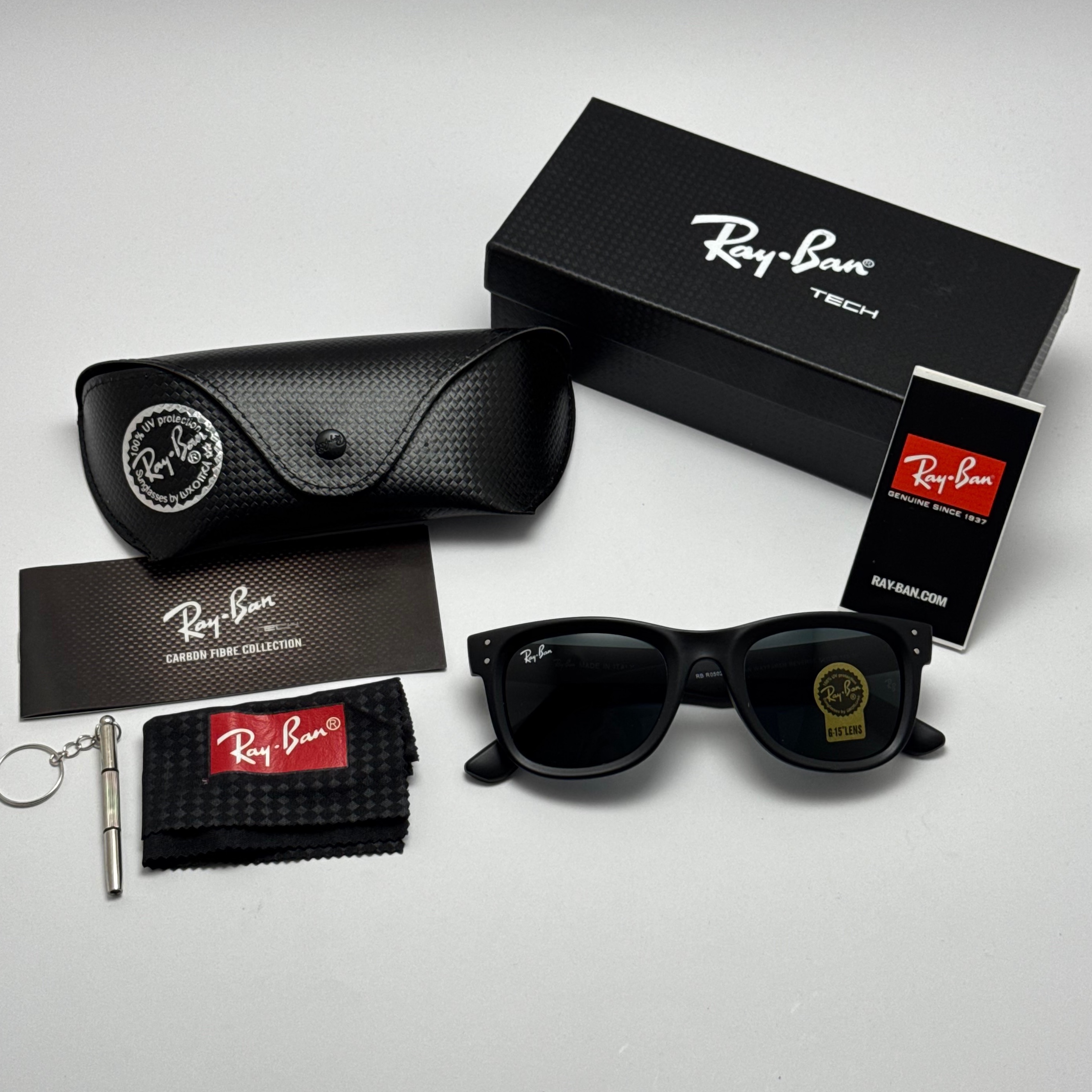 عینک آفتابی ریبن ویفرر شیشه سنگ مشکی مات به همراه پک کامل ریبن Rayban WAYFARER RB  0502S