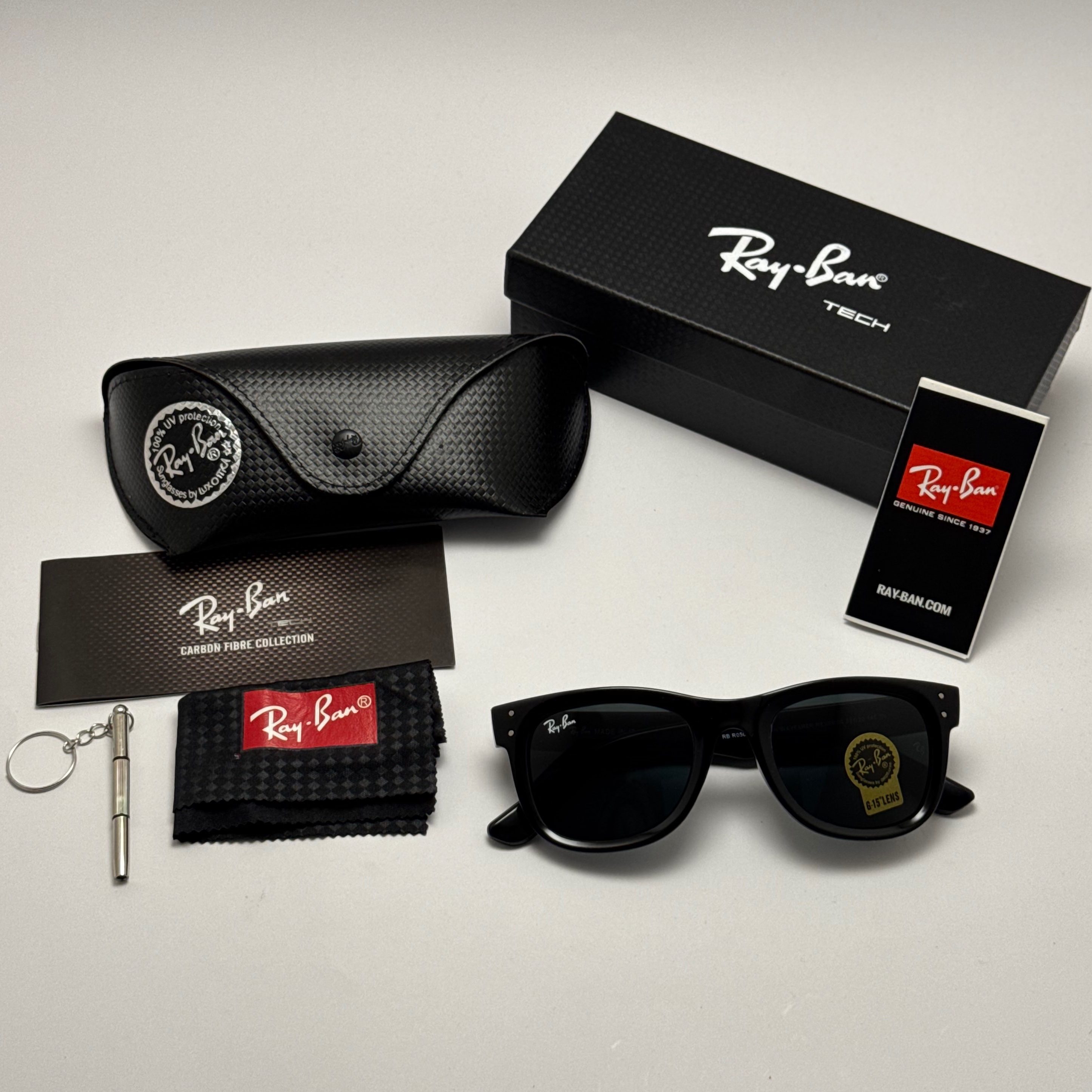 عینک آفتابی ریبن ویفرر شیشه سنگ تمام مشکی به همراه پک کامل ریبن Rayban WAYFARER RB  0502S