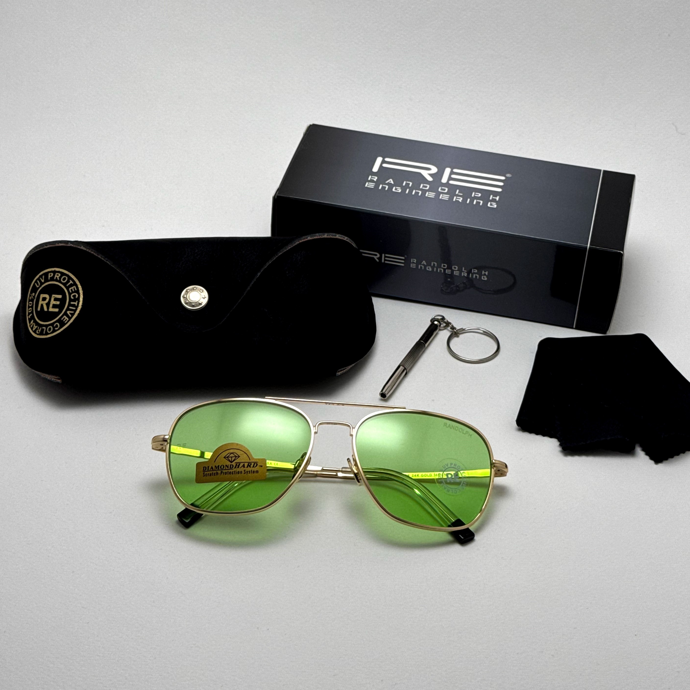 عینک شب و آفتابی خلبانی رندولف شیشه سنگ سبز فریم طلایی فول پک اصلی RANDOLPH AVIATOR  RE 58 24K GOLD