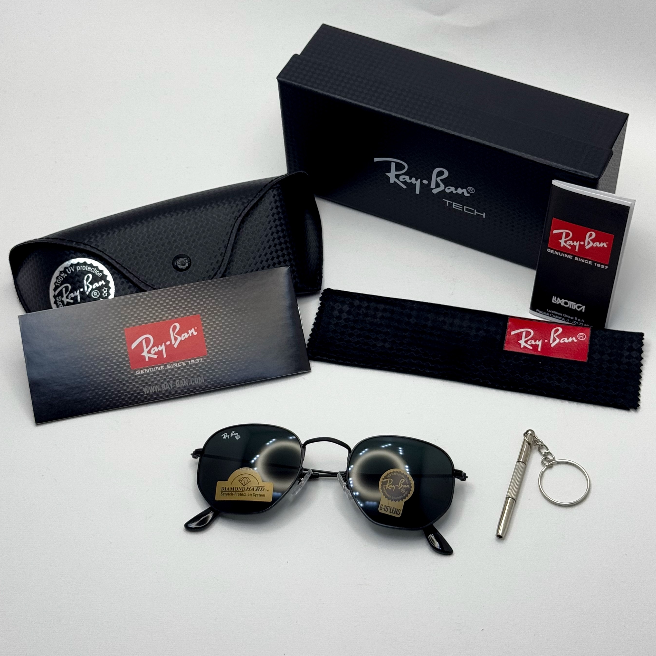 عینک ریبن هگزونال شیشه سنگ تمام مشکی به همراه پک کامل ریبن کد Rayban RB 3548