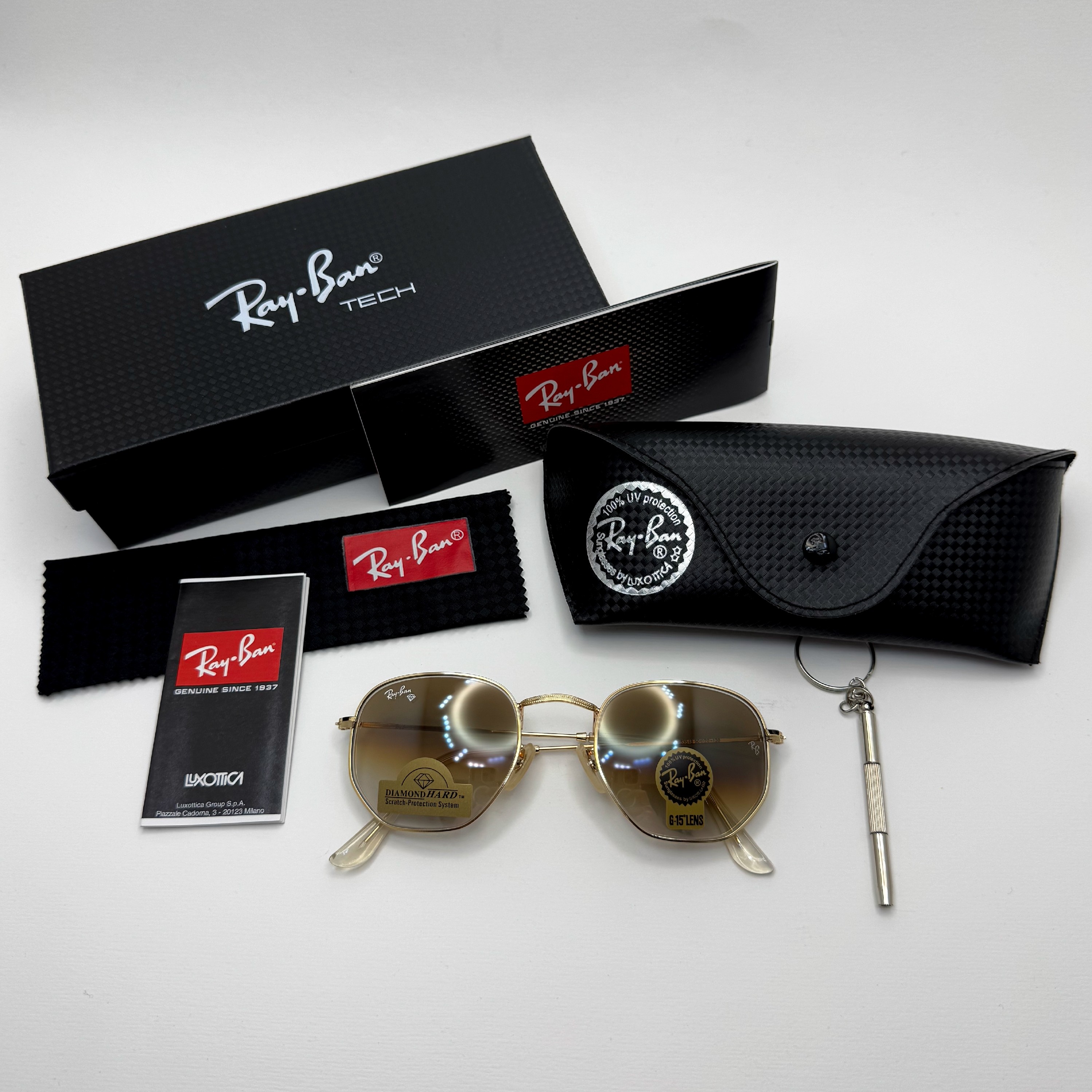 عینک ریبن شیشه سنگ هگزونال قهوه ای هایلایت آنتی رفلکس به همراه پک کامل ریبن کد Rayban RB 3548