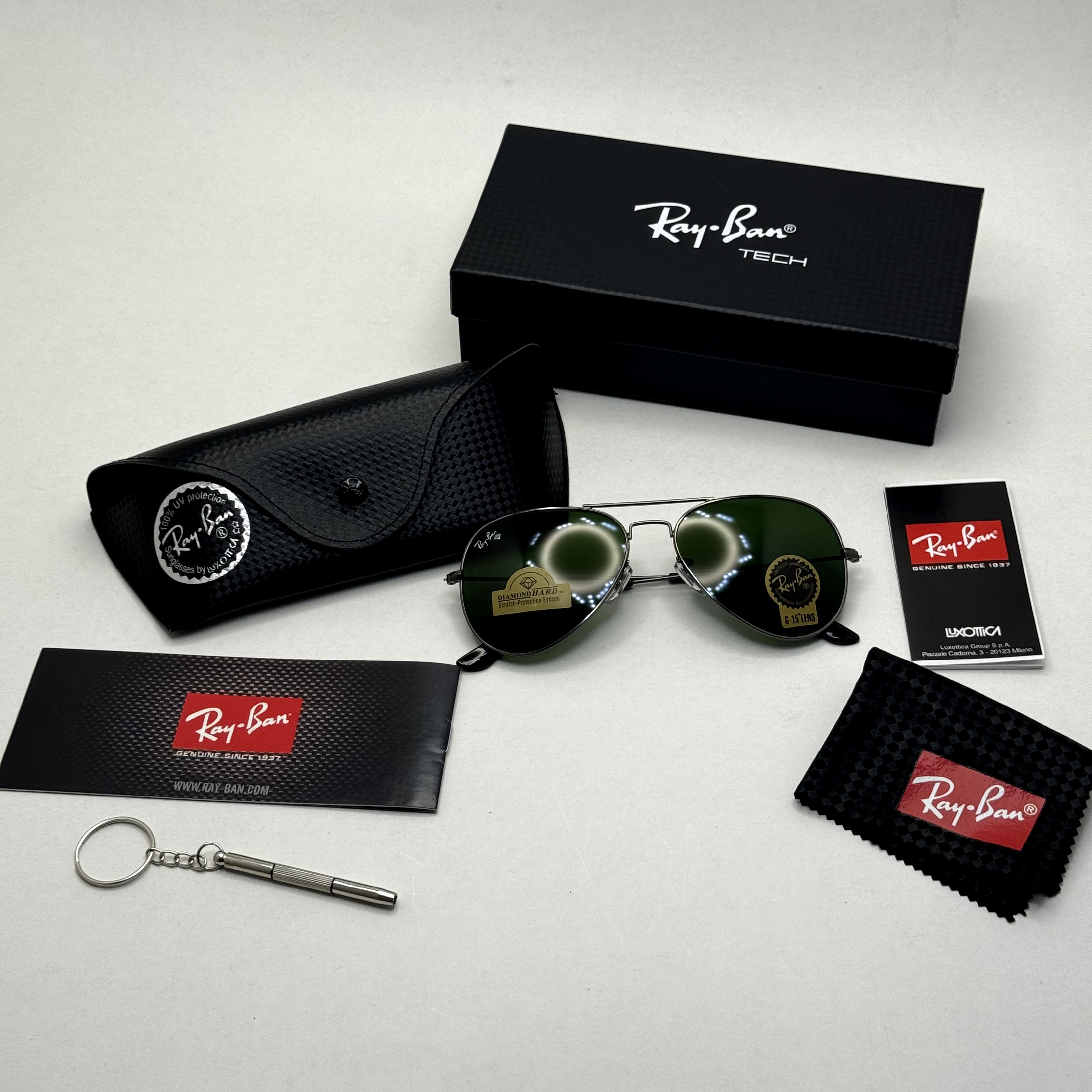 عینک ریبن خلبانی شیشه سنگ فریم نوک مدادی عدسی سبز آمریکایی آنتی رفلکس REYBAN AVIATOR RB 3025 با پک کامل