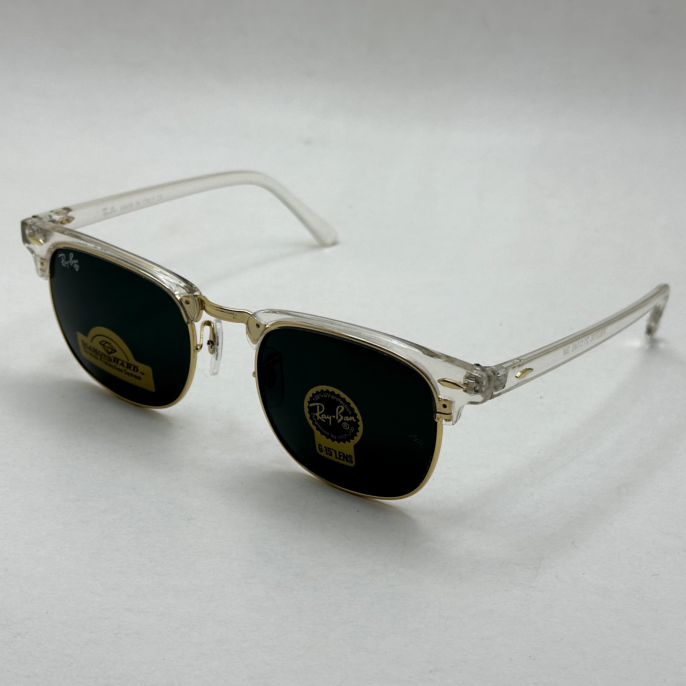 عینک آفتابی کلاب مستر ریبن rayban  شیشه سنگ مشکی فریم شفاف به همراه پک کامل RB 3016