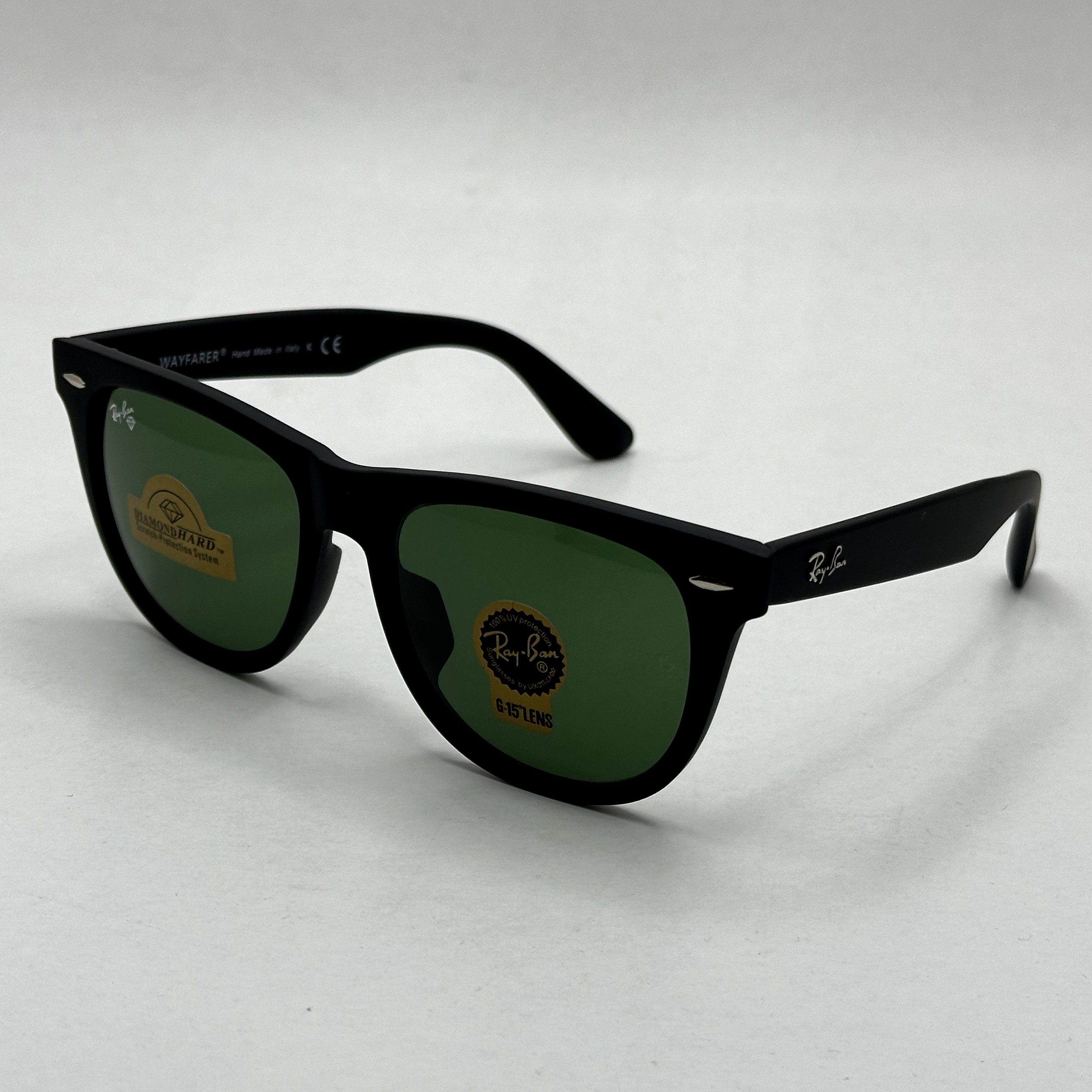 عینک آفتابی ریبن rayban ویفرر شیشه سنگ مشکی مات عدسی سبز سایز 54 به همراه پک کامل اورجینال RB 2140
