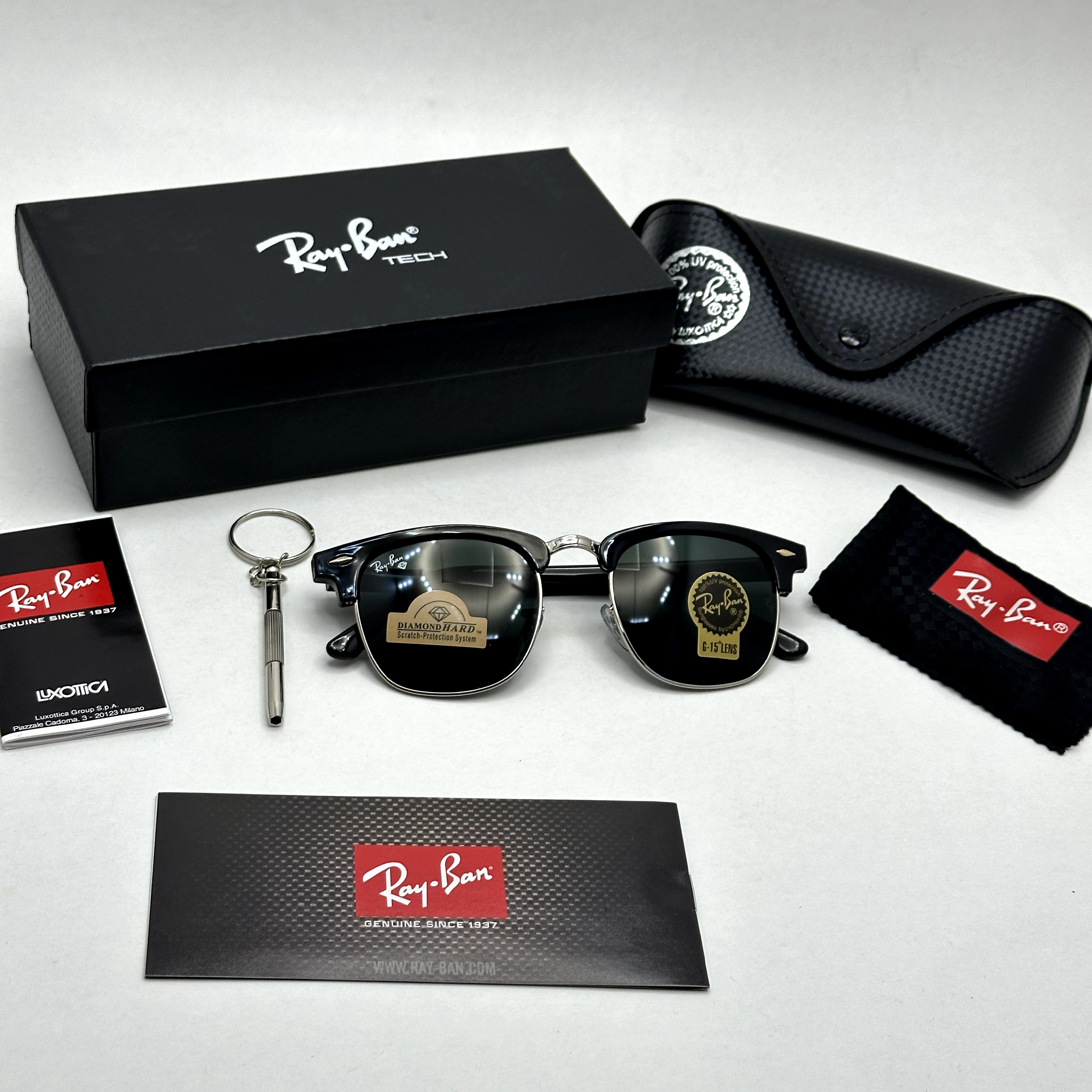 عینک آفتابی کلاب مستر ریبن rayban شیشه سنگ مشکی فریم نقره ای به همراه پک کامل RB 3016