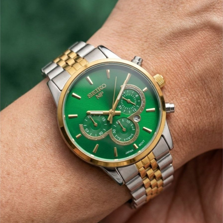 ست ساعت مردانه زنانه سیکو seiko vip بند استیل نقره ای طلایی صفحه سبز