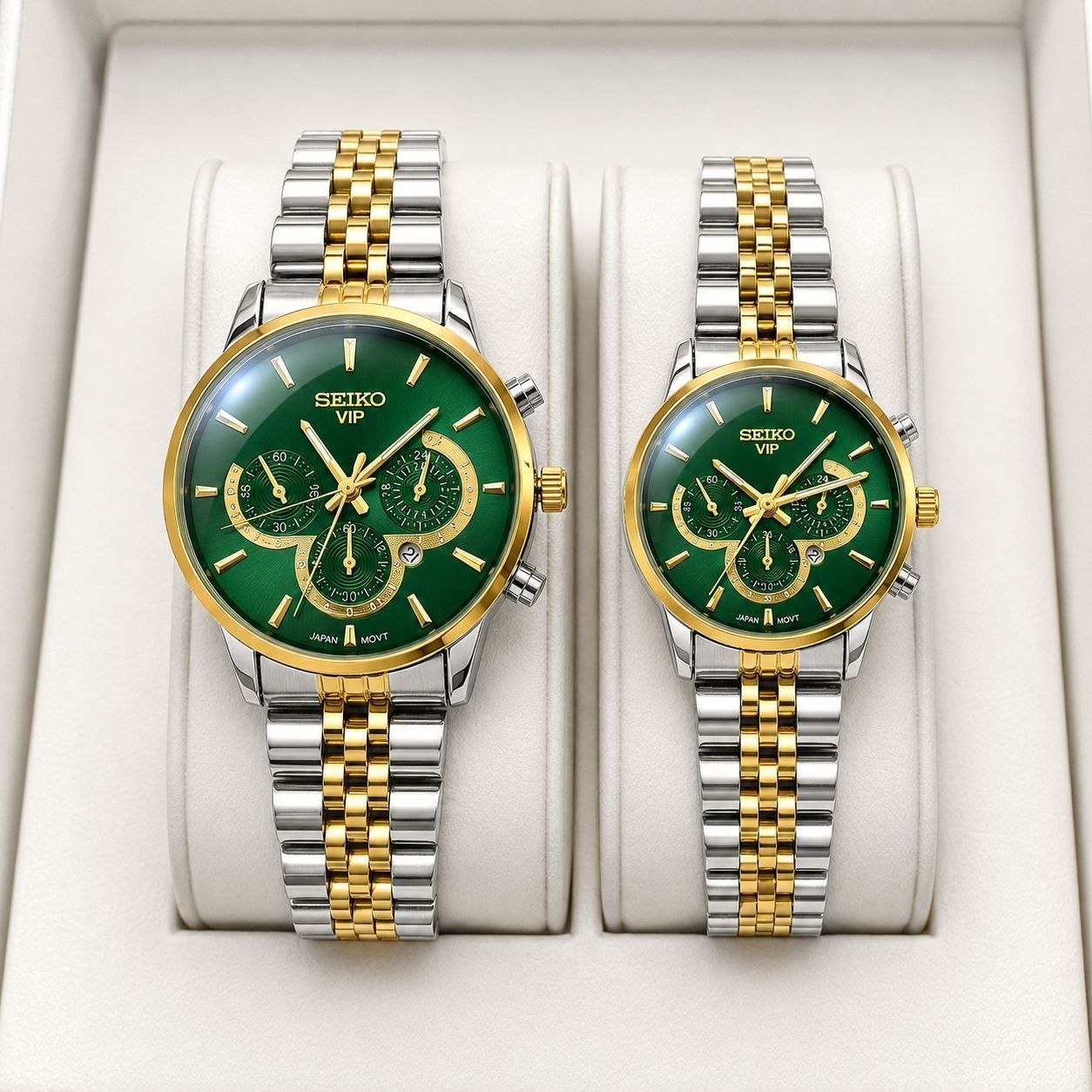 ست ساعت مردانه زنانه سیکو seiko vip بند استیل نقره ای طلایی صفحه سبز