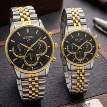 ست ساعت مردانه زنانه سیکو seiko vip بند استیل نقره ای طلایی صفحه مشکی