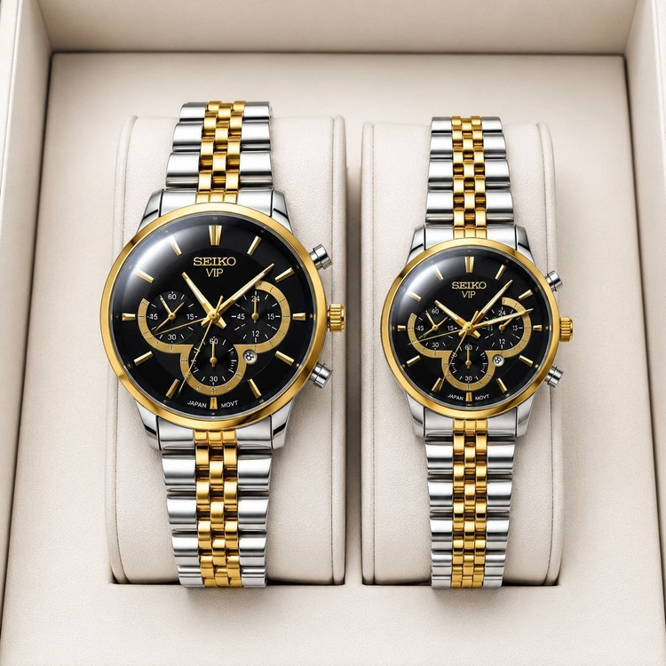 ست ساعت مردانه زنانه سیکو seiko vip بند استیل نقره ای طلایی صفحه مشکی