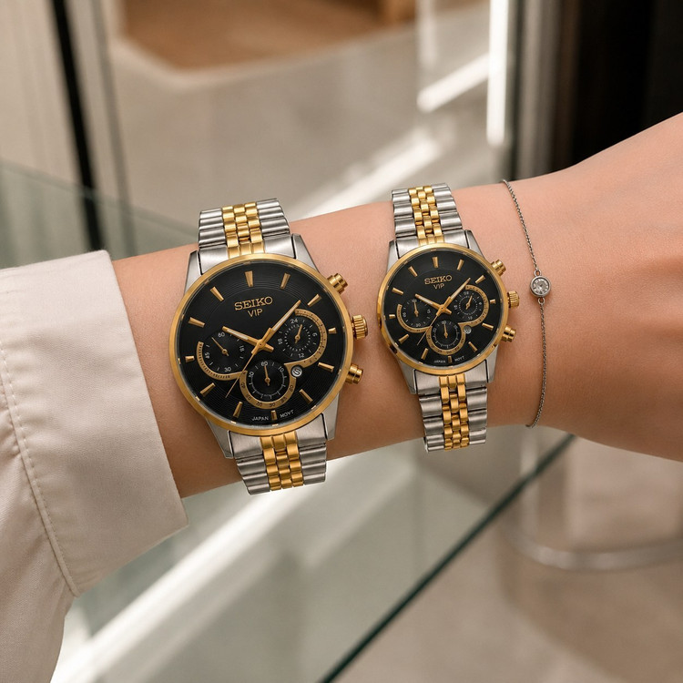 ست ساعت مردانه زنانه سیکو seiko vip بند استیل نقره ای طلایی صفحه مشکی