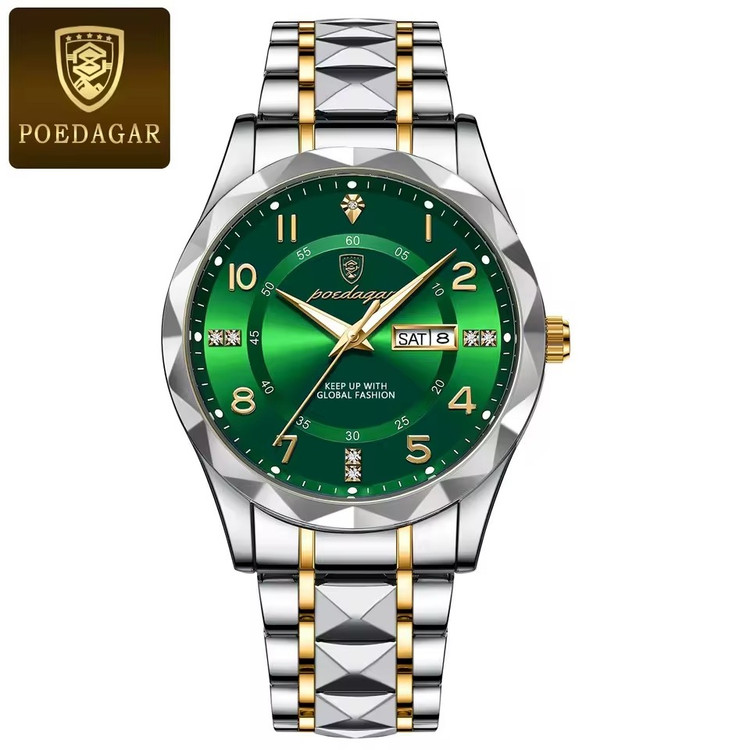 ساعت مردانه پوداگار اصل poedagar مدل 858 بند الماسی صفحه سبز