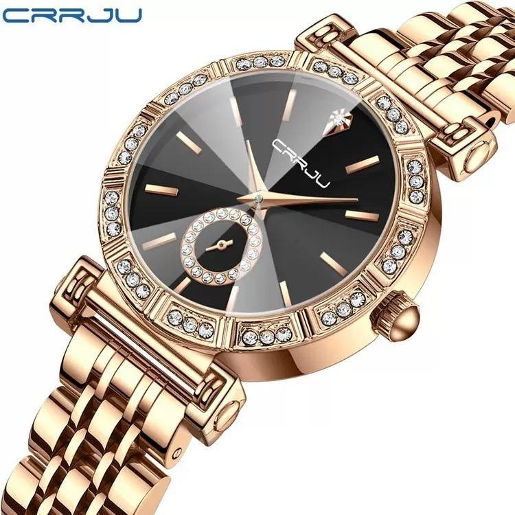 ساعت مچی زنانه سرجیو crrju اورجینال مدل 5011 نگین دار بند رزگلد صفحه مشکی