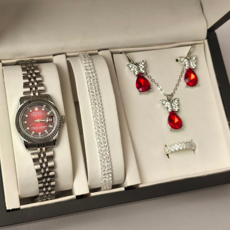 ساعت زنانه دخترانه رولکس Rolex قرمز با نیم ست طرح اشکی اناری قرمز