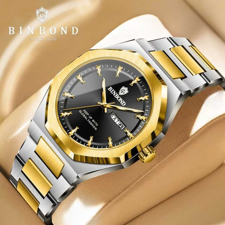 ساعت مچی مردانه بین باند اورجینال binbond بند استیل نقره ای طلایی