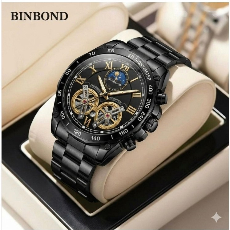 ساعت مچی مردانه binbond اورجینال رنگ ثابت و ضد اب طرح سه موتور بینباند مشکی