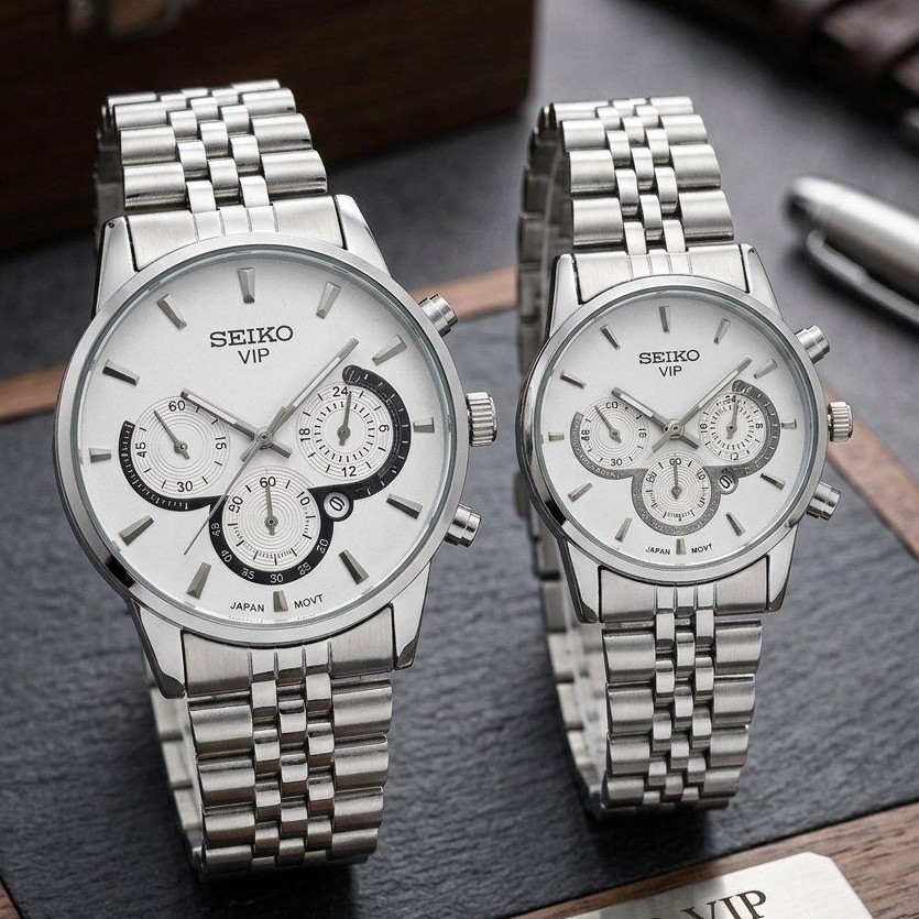 ساعت مردانه و زنانه سیکو seiko vip با بند نقره ای و صفحه سفید ، تقویم فعال