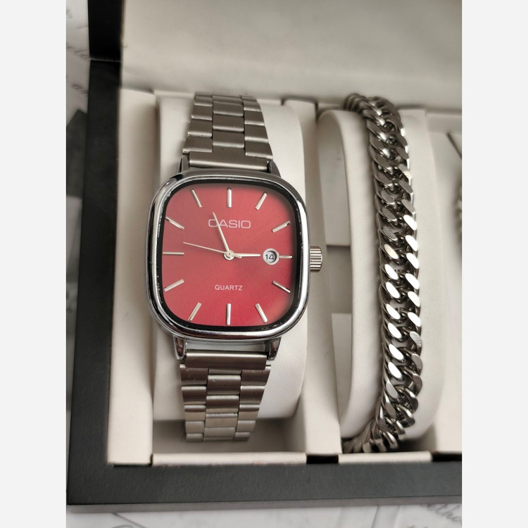 ست ساعت مردونه کاسیو casio اولدمانی با دستبند و گردنبند کارتیر و حلقه استیل