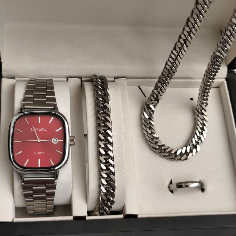 ست ساعت مردونه کاسیو casio اولدمانی با دستبند و گردنبند کارتیر و حلقه استیل
