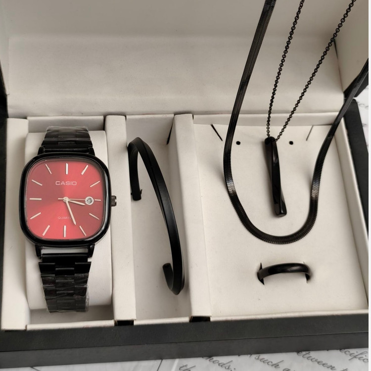 ست ساعت مردانه کاسیو casio اولدمانی مشکی صفحه قرمز با دستبند بنگل و گردنبند و حلقه