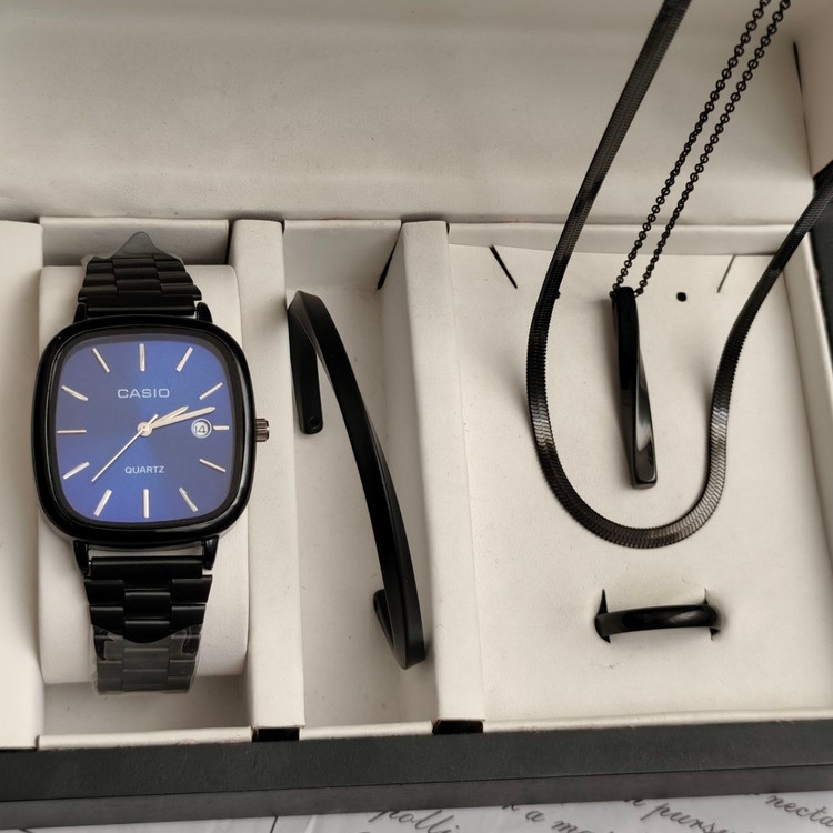 ست ساعت مردانه کاسیو casio اولدمانی مشکی صفحه آبی با دستبند بنگل و گردنبند و حلقه