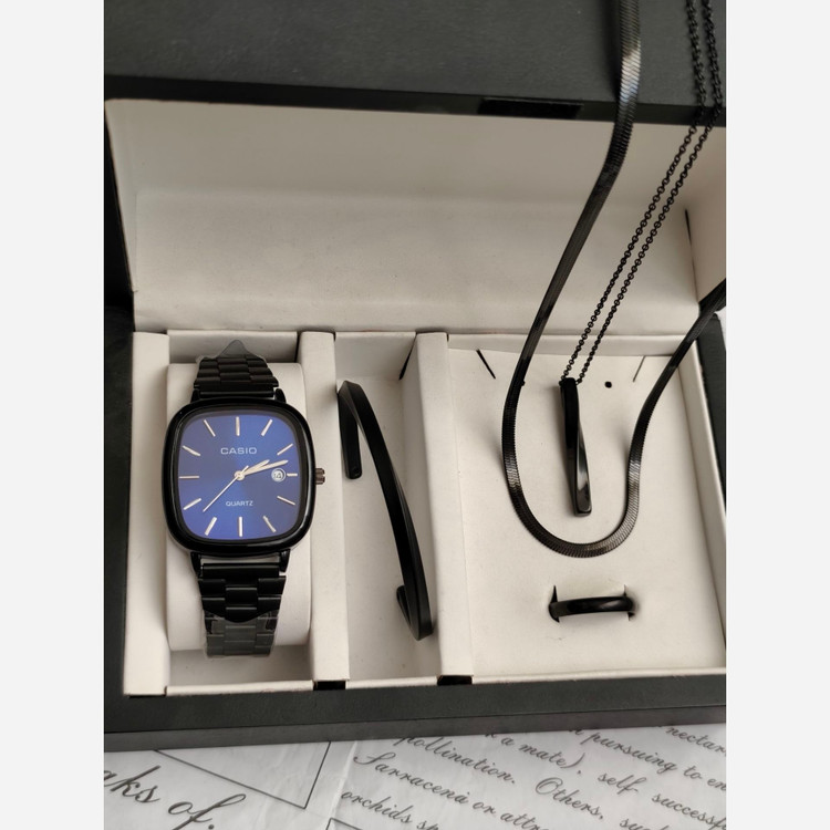 ست ساعت مردانه کاسیو casio اولدمانی مشکی صفحه آبی با دستبند بنگل و گردنبند و حلقه