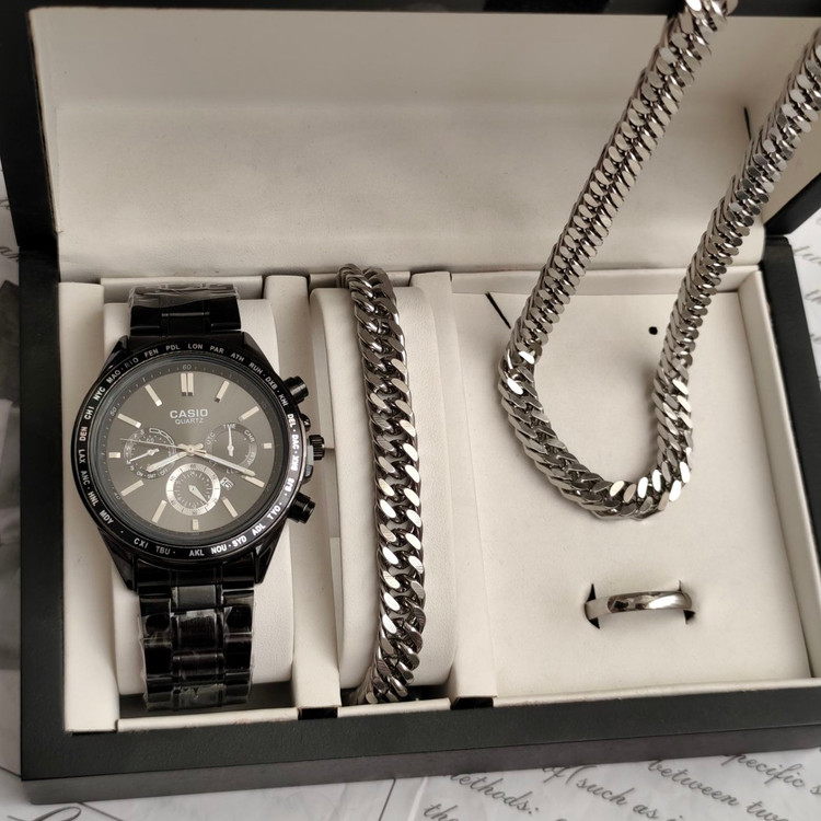 ست ساعت مردونه کاسیو casio با دستبند و گردنبند کارتیر و حلقه استیل