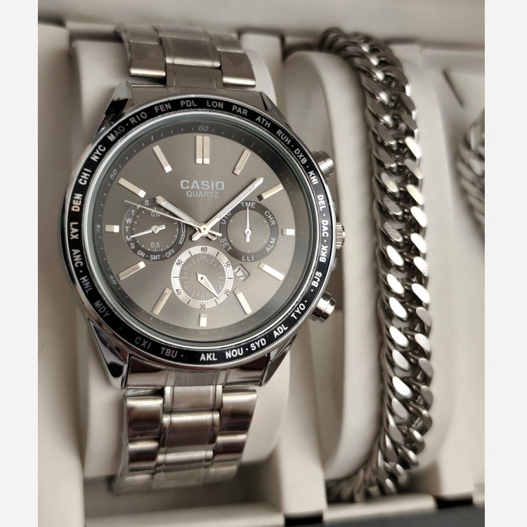 ست ساعت مردانه کاسیو casio با دستبند و گردنبند کارتیر و حلقه استیل