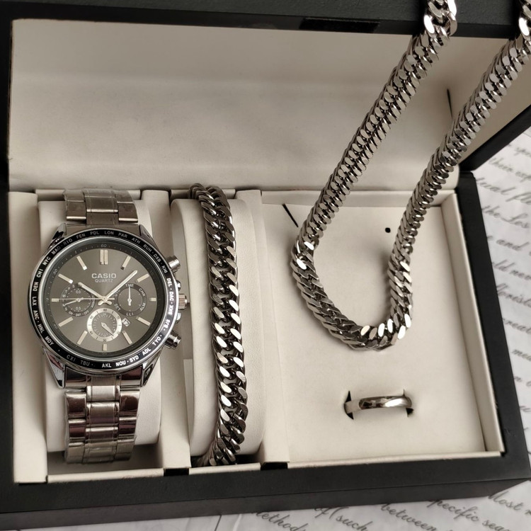 ست ساعت مردانه کاسیو casio با دستبند و گردنبند کارتیر و حلقه استیل