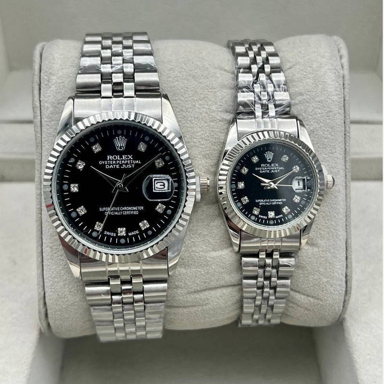 ساعت مردانه و زنانه رولکس Rolex دیت جاست نقره ای صفحه مشکی