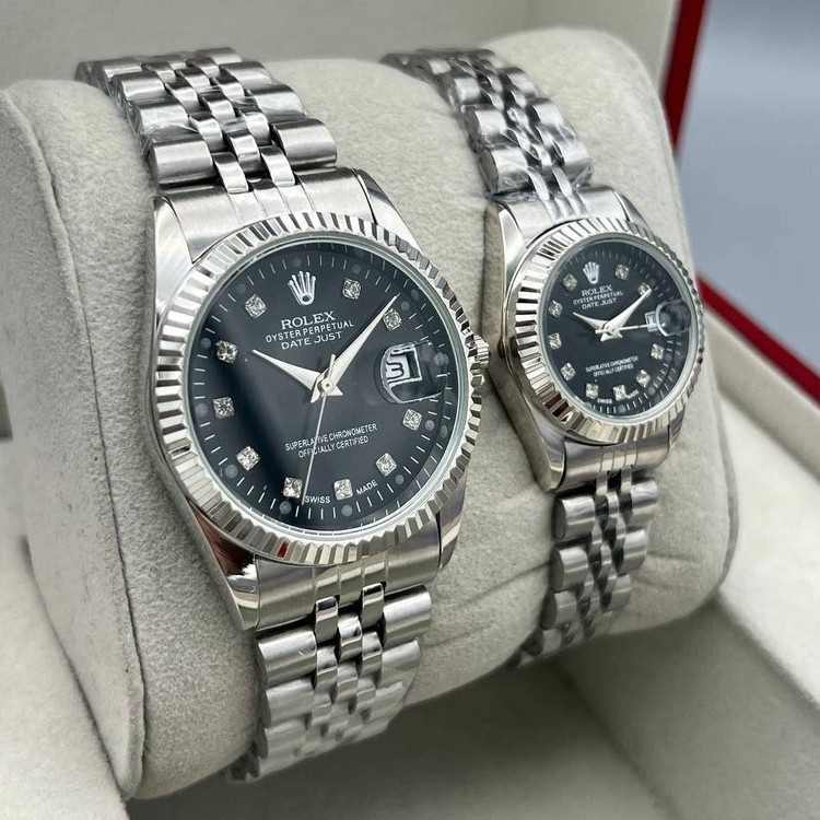 ساعت مردانه و زنانه رولکس Rolex دیت جاست نقره ای صفحه مشکی