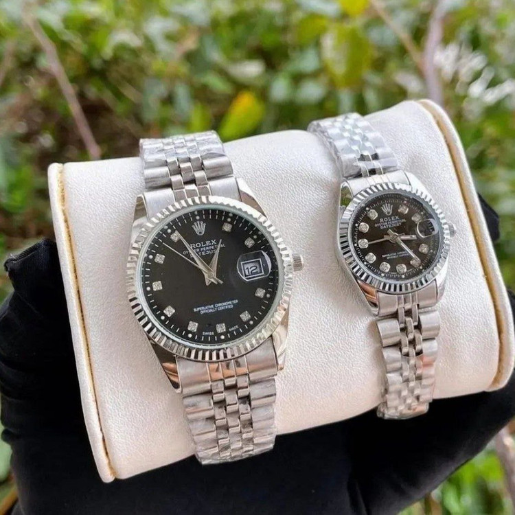 ساعت مردانه و زنانه رولکس Rolex دیت جاست نقره ای صفحه مشکی