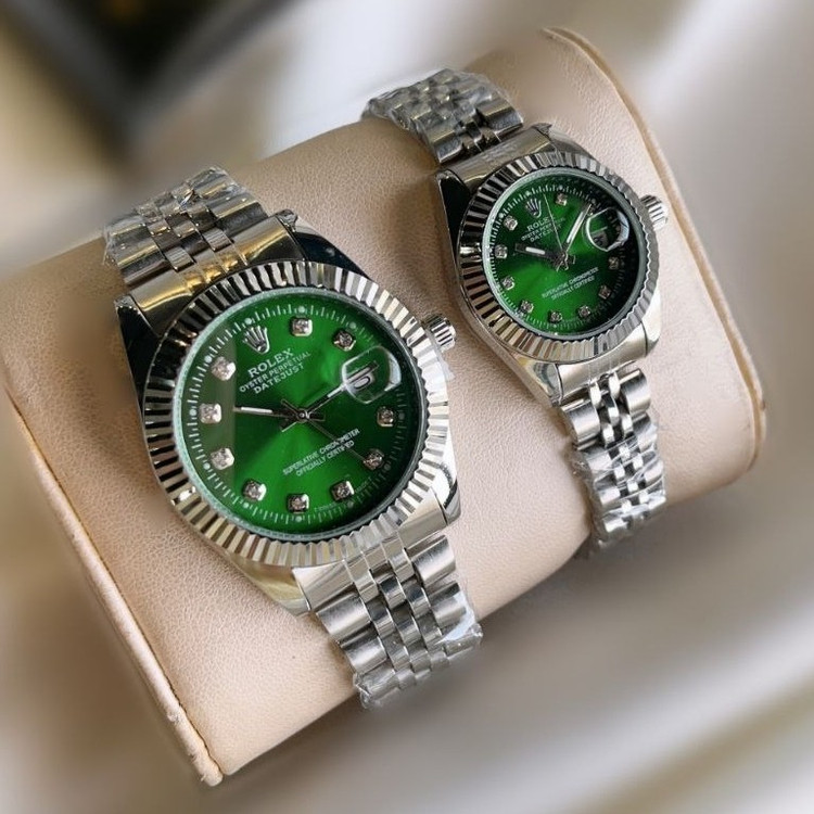 ساعت رولکس Rolex مردانه و زنانه کیفیت درجه یک استیل نقره ای صفحه سبز رنگ ثابت
