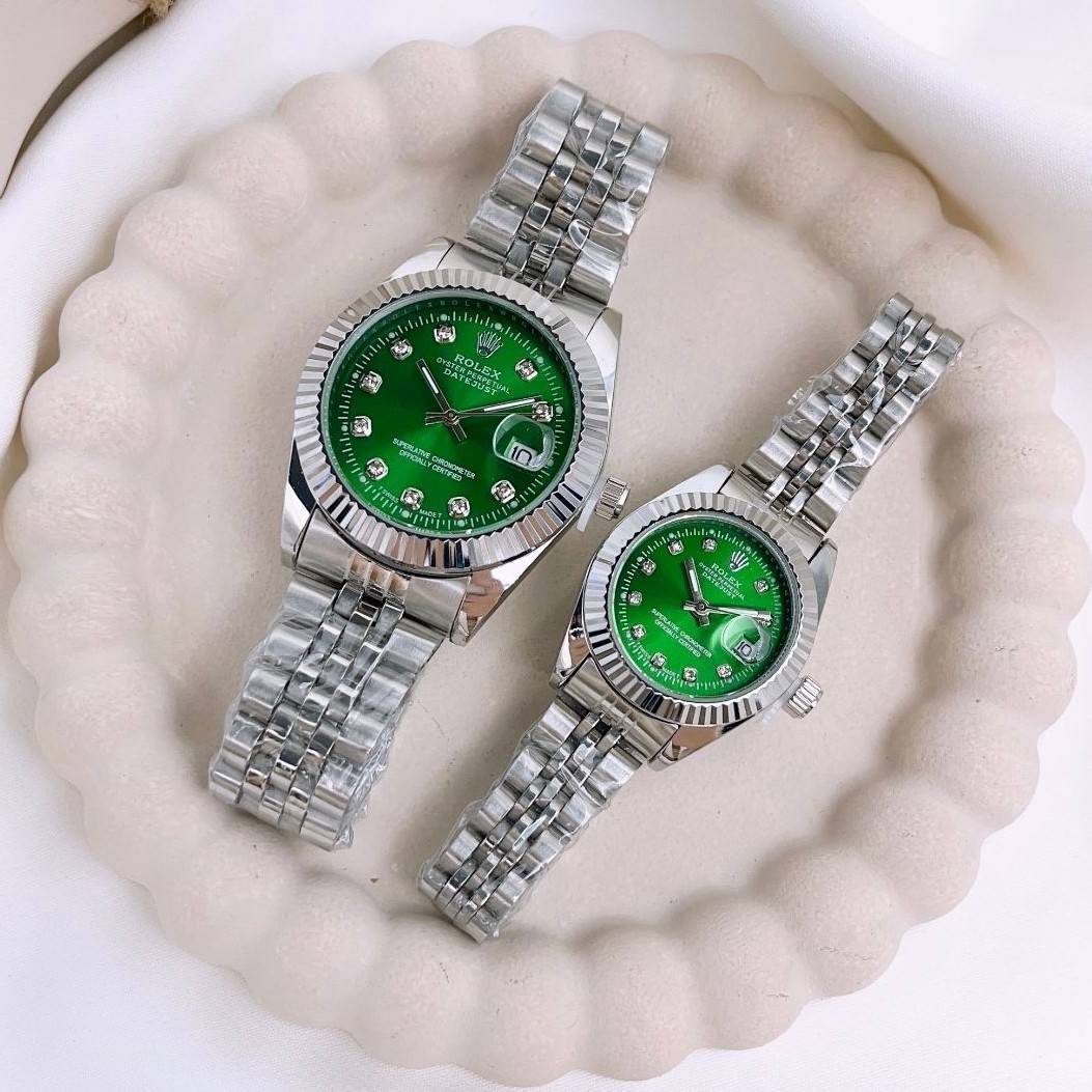 ساعت رولکس Rolex مردانه و زنانه کیفیت درجه یک استیل نقره ای صفحه سبز رنگ ثابت