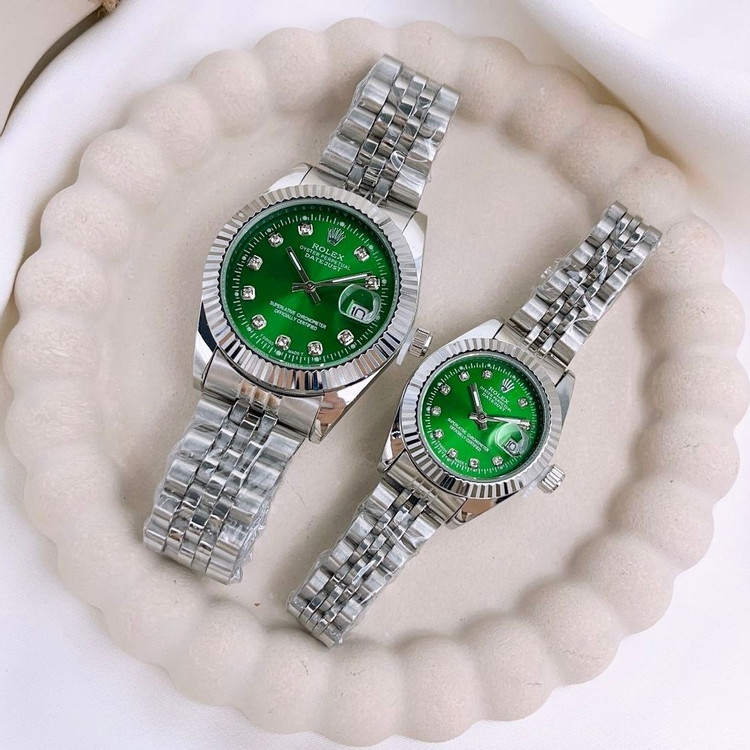 ساعت رولکس Rolex مردانه و زنانه کیفیت درجه یک استیل نقره ای صفحه سبز رنگ ثابت