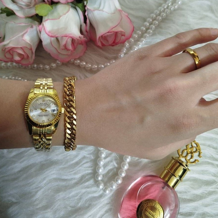 ست ساعت رولکس زنانه طلایی با دستبند و حلقه طلایی